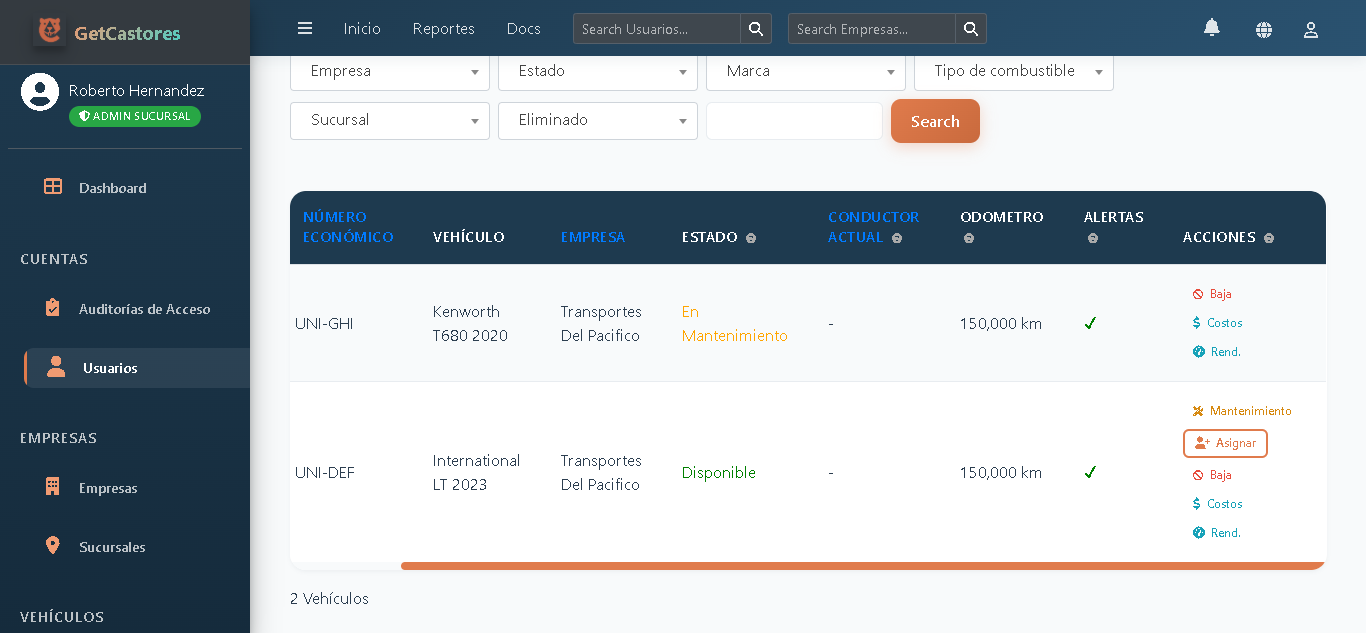 Lista de Vehiculos en GetCastores con datos completos para Carta Porte