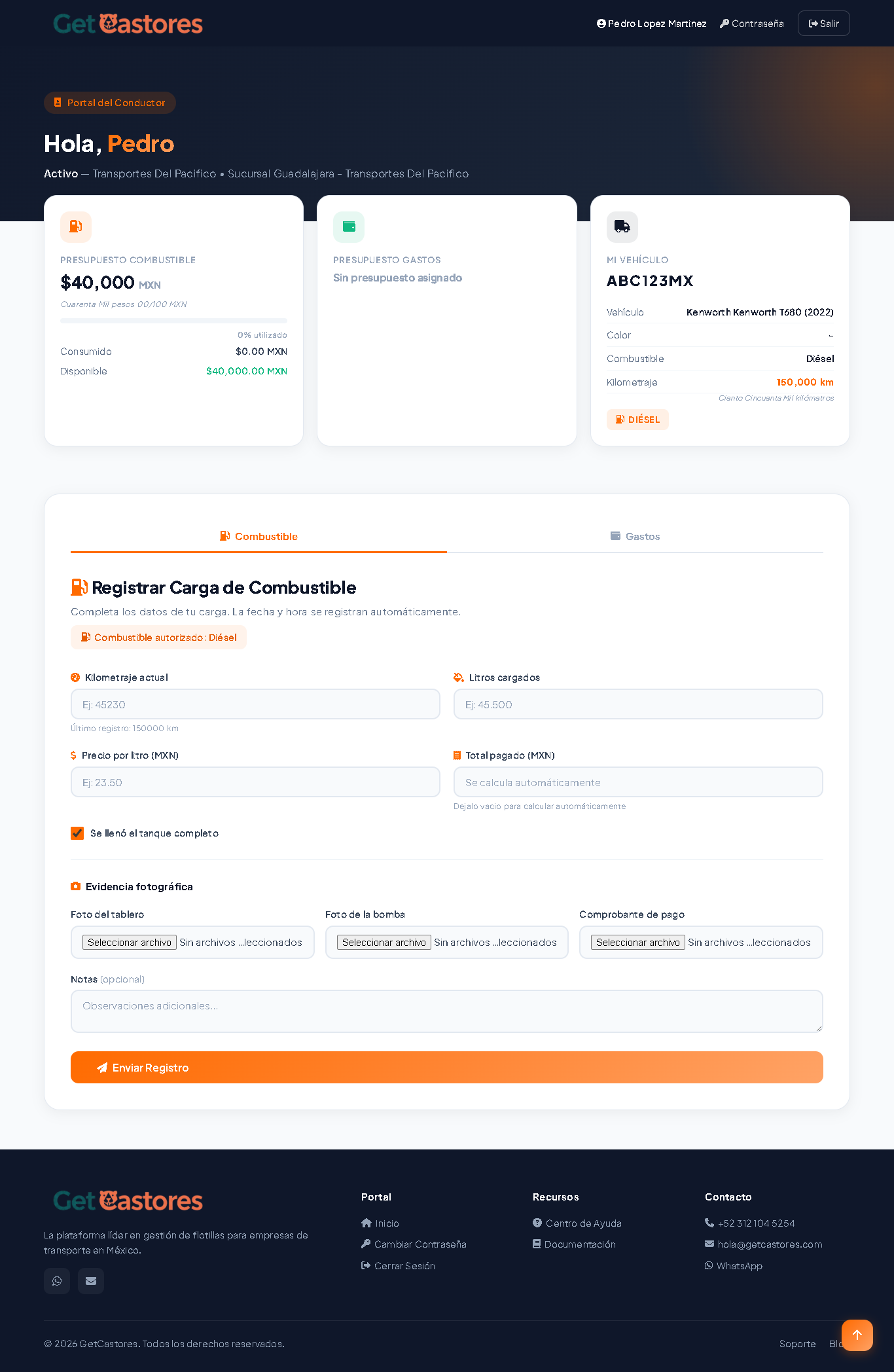 Portal del Conductor GetCastores - Registro de combustible